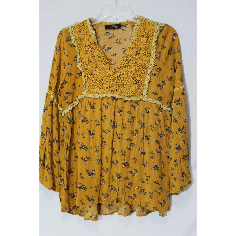 Suzanne Betro Golden Yellow Floral Lace Peasant Boho Tunic Top Size Large